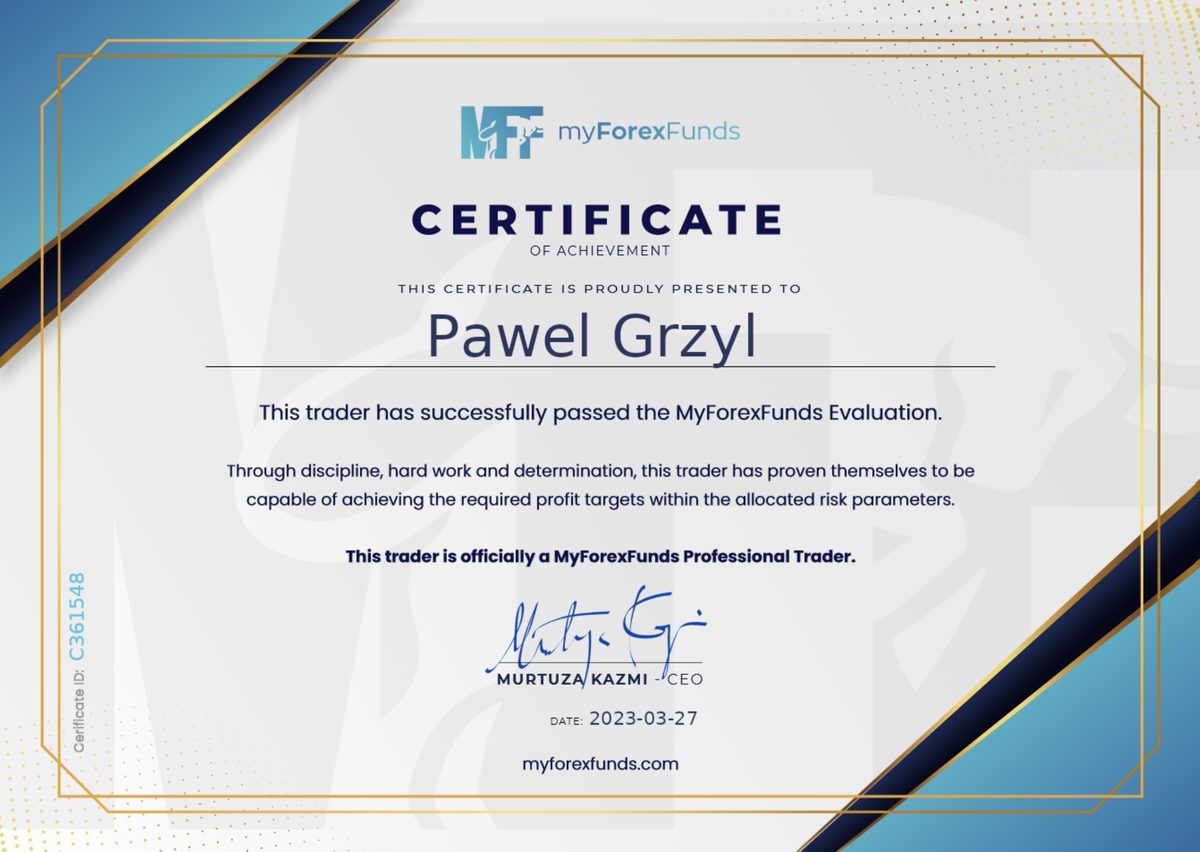 MyForexFunds Certificate — Pawel Grzyl